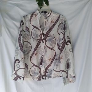 CBR Blouse Womens Size L White Brown Floral Long Sleeve Button Down Nwt